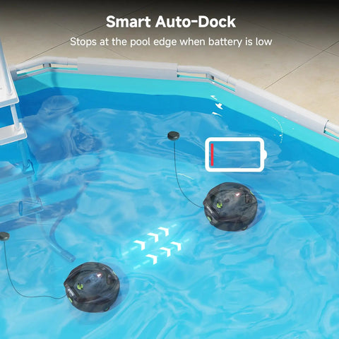 Cordless Pool Vacuum Robot For Daily Pool Maintenance, Smart Auto-Dock feature in a square inflatable pool