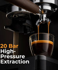 Compact Semi Automatic Espresso Machine With Built In Burr Grinder And Steam Frother 20 Bar Pressure Quick Heat brewing espresso into glass