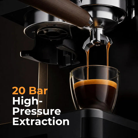 Compact Semi Automatic Espresso Machine With Built In Burr Grinder And Steam Frother 20 Bar Pressure Quick Heat brewing espresso into glass