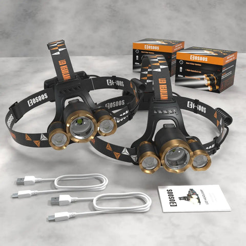 Rechargeable LED Headlamp With 2500 Lumens, Zoomable Beam, 4 Modes, Waterproof For Adults, Set Of 2 on marble surface