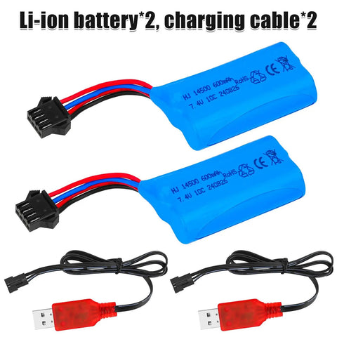 7.4V 600mAh Li Ion Two Pack Rechargeable Battery 2S with SM 4P plug and USB charger cable for gel blaster RC boat car use