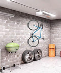 Vertical Bike Wall Rack With Tire Tray For Indoor Garage Or Shed, no hassle install, road bike hung on brick wall, steel mount