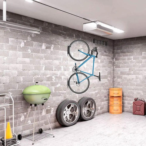 Vertical Bike Wall Rack With Tire Tray For Indoor Garage Or Shed, no hassle install, road bike hung on brick wall, steel mount