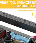 Close-up of Heavy Duty Drill Wall Mount Power Tool Organizer with eight outlet charging station and tools on pegboard rack.