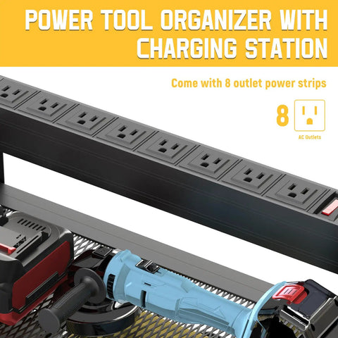 Close-up of Heavy Duty Drill Wall Mount Power Tool Organizer with eight outlet charging station and tools on pegboard rack.