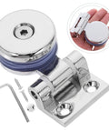 Premium Glass Door Hinge With 180 Degree Fixed Clamp For Frameless Showers And Kitchen Cabinets, showing silver finish and mounting components.