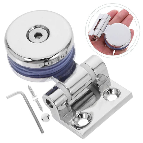 Premium Glass Door Hinge With 180 Degree Fixed Clamp For Frameless Showers And Kitchen Cabinets, showing silver finish and mounting components.