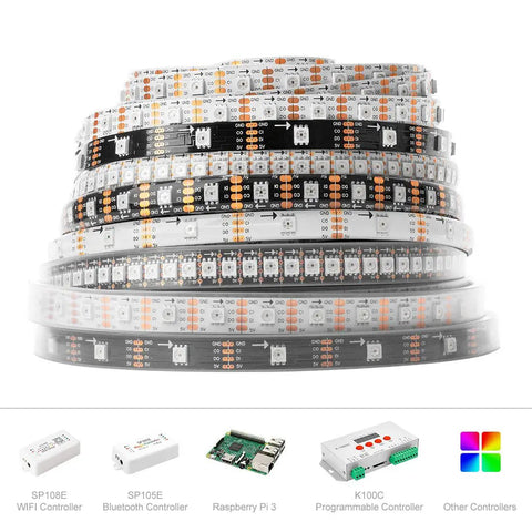 Stack of Individually Addressable SK9822 LED Strip APA102C Compatible, 5m, 60 LEDs/m, 5V, with various controllers