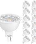 12 Pack MR16 LED Spotlight Bulbs Featuring GU5.3 Bi Pin Base 5 Watt 12 Volt Low Voltage Output 2700K cozy warm white light bulbs display