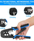 Hand using Pro Grade Ethernet Crimping Kit with 20 RJ45 Connectors Covers Cable Tester and Wire Stripper Universal RJ11 RJ12