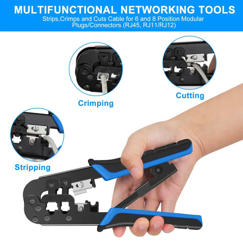 Hand using Pro Grade Ethernet Crimping Kit with 20 RJ45 Connectors Covers Cable Tester and Wire Stripper Universal RJ11 RJ12