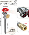 Image showing dimensions of Frost Free Outdoor Faucet With Anti Siphon Backflow Preventer, Lead Free Brass Frost Proof Sillcock, 1/2 Inch Push To Fit Connector To 3/4 Inch Hose Bibb, Heavy Duty Outdoor Spigot For Winter Use, highlighting size and fittings.