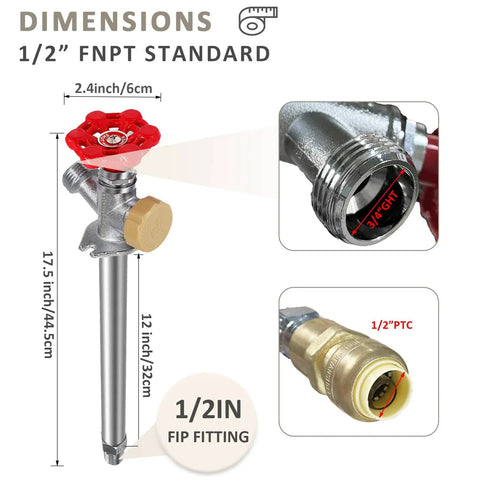 Image showing dimensions of Frost Free Outdoor Faucet With Anti Siphon Backflow Preventer, Lead Free Brass Frost Proof Sillcock, 1/2 Inch Push To Fit Connector To 3/4 Inch Hose Bibb, Heavy Duty Outdoor Spigot For Winter Use, highlighting size and fittings.