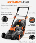 Corded Lawn Mower With 16 Inch Cut And 13 Amp Motor Five Height Settings Easy Vertical Fold Storage Two In One Mulching And Bagging.