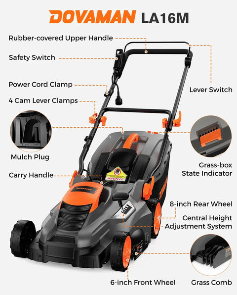 Corded Lawn Mower With 16 Inch Cut And 13 Amp Motor Five Height Settings Easy Vertical Fold Storage Two In One Mulching And Bagging.