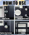 Installation steps for 4 Pack 1U Rack Cable Management Sleeves Kit With Horizontal Mount Clips, shown in a four-panel guide.