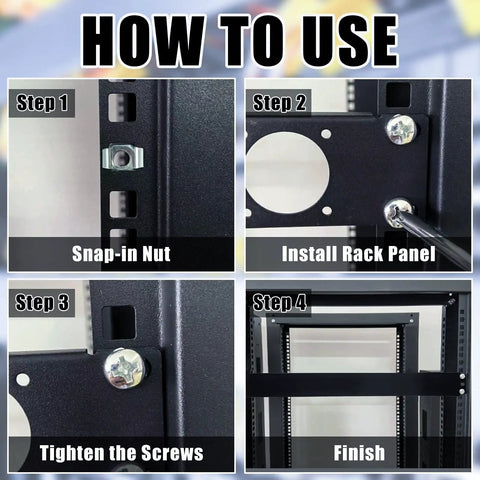 Installation steps for 4 Pack 1U Rack Cable Management Sleeves Kit With Horizontal Mount Clips, shown in a four-panel guide.