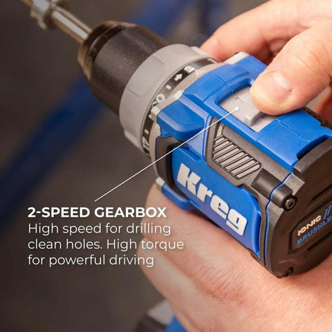 Close-up of 2-speed gearbox on a Compact Cordless 20V Drill And 1/4 Inch Impact Driver Combo Kit.