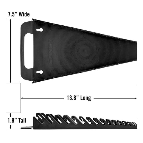 Portable Fifteen Wrench Organizer That Holds One Quarter Inch Through One And One Eighth Inch And Six To Twenty Millimeter Wrenches With Grab And Go One Hand Access And Quick Engagement Wall Mount Pegboard Or Cart Side Mount, shown with dimensions 13.8" long, 7.5" wide, 1.8" tall