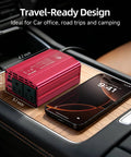 Kickass 400W Car Power Inverter DC 12V To AC 110V Dual USB C PD 30W And Quick Charge 3.0 portable vehicle charger next to smartphone.