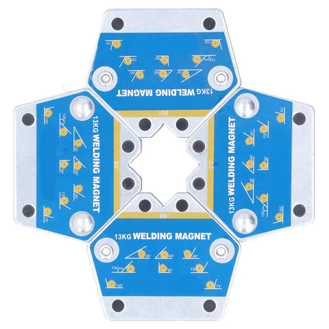 Heavy Duty 4 Piece Magnetic Welding Positioner Kit With Strong Suction Holds Up To 13KG, display of welding angle markings on magnets.
