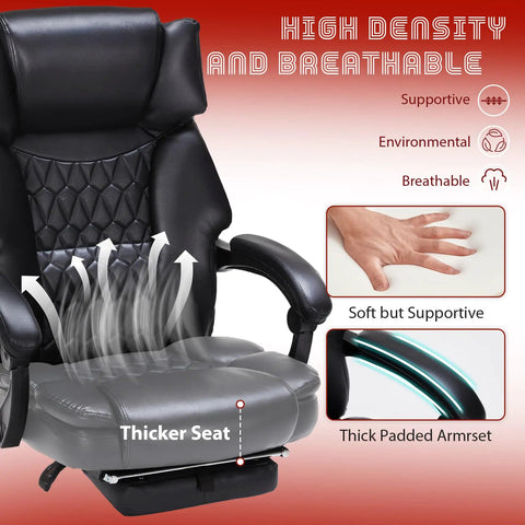 Heavy Duty Massage Office Chair With Foot Rest And Heat 6 Point Vibration With Five Modes For Back Lumbar And Seat Reclining Ergonomic Managerial Chair For Big Folks Up To 400lbs Black with breathable seat and padded armrests