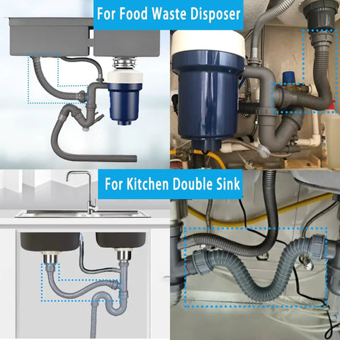 Flexible 1-1/2 Inch Kitchen Sink Drain Pipe With P Trap And Adapter in garbage disposal and double sink setup