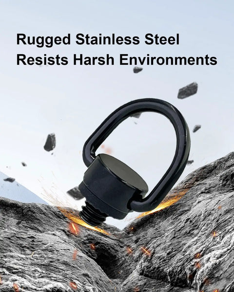 Four Pack Beefed Up Stainless Steel D Ring Screw Adapter Kit For Cameras With Soft Cushion Base And Hassle Free One Quarter Twenty Thread Mount For Tripods Selfie Sticks Gimbals And Photography Strap Gear In Classic Black on rocky surface.