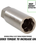Spiral Type Deep Bolt Extractor Set, Five Piece, Chrome Vanadium Steel Construction, detail showing reverse spiral flute.