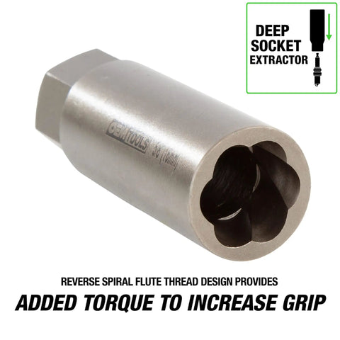 Spiral Type Deep Bolt Extractor Set, Five Piece, Chrome Vanadium Steel Construction, detail showing reverse spiral flute.
