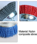 Close-up of 3 Inch Nylon Cup Brush Set for Drill, Assorted Abrasive Cup Brushes With One Quarter Inch Shank, different colors shown