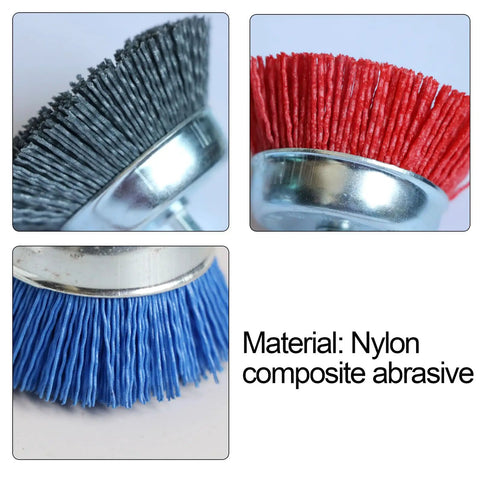 Close-up of 3 Inch Nylon Cup Brush Set for Drill, Assorted Abrasive Cup Brushes With One Quarter Inch Shank, different colors shown