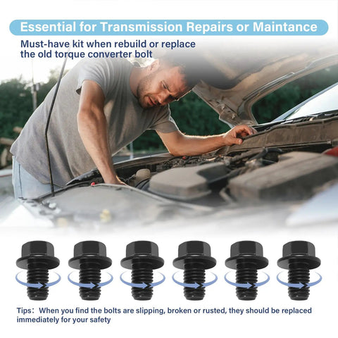 Torque Converter Bolt Kit For GM Transmissions 6 Pack M10 1.5x16 Grade 10.9 OEM Replacement For 4L60E 4L65E 4L80E And 700R4 Automatics Easy Install Built Tough Bolts For Strong Shifts, 6 black flange bolts