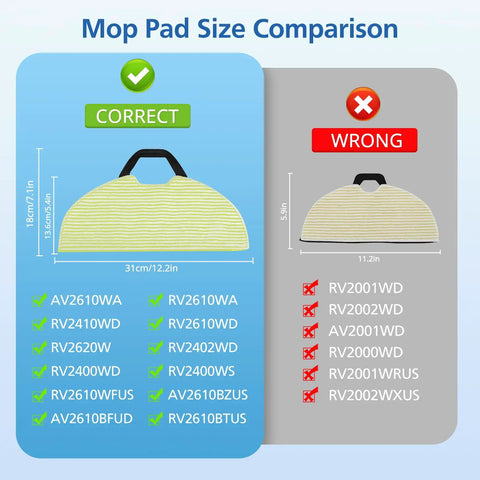 Mop pad size comparison for Six Pack Vacuum Mop Replacement Pads, Washable Microfiber Pads For Robot Vacuums RV2000-2002 Series