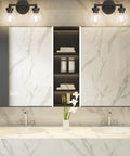Three Light Matte Black Industrial Vanity Light With Clear Glass Globes in modern bathroom setting