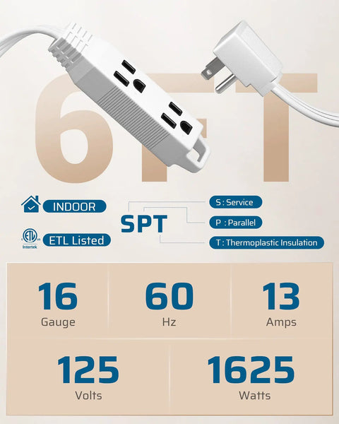 Two Pack 6 Foot White Extension Cords With Three Outlets 16/3 Gauge ETL Listed Flat Plug Grounded Great For Lamps Computers Monitors Fans And Other Small Appliances, white 3-outlet cord