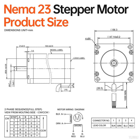 YEJMKJ NEMA 23 stepper motor front and side size diagram; 57×101 mm, 2‑phase bipolar, 3 Nm, 4‑wire, 1 m cable