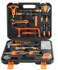All In One 104 Piece Home Repair Tool Kit With Blow Case Ratchet Handle And Essential Hand Tools For Home Office And DIY Projects Portable Compact Organized Set in open black and orange case