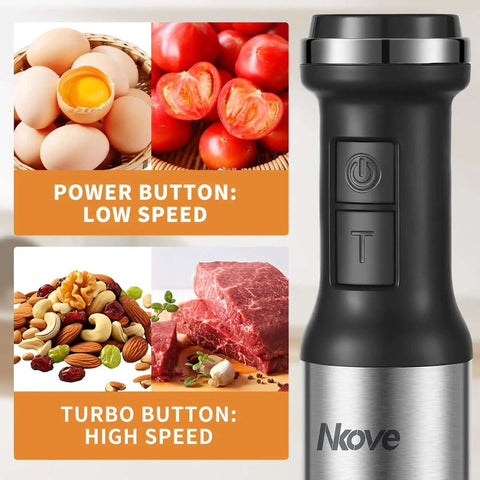 Workhorse 800 Watt Corded Handheld Stick Blender With Five Piece Kitchen Bundle showcasing buttons for speed settings.
