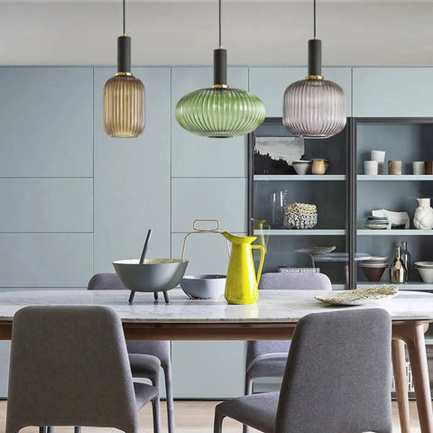 Go To Industrial Pendant Light With Dreamy Striped Glass Shade And Black Canopy For Kitchen Island Farmhouse Style Dining Setup