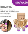 Straight Up Heavy Duty Unbleached Paper Filters With Lid For Reusable K Cups 700 Count Box displayed with K-Cup machine and filtered coffee.