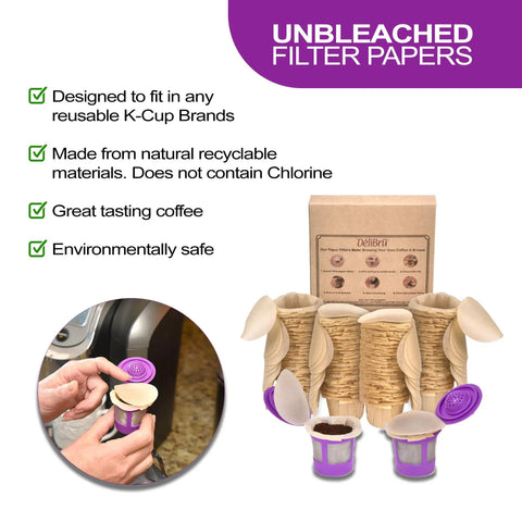 Straight Up Heavy Duty Unbleached Paper Filters With Lid For Reusable K Cups 700 Count Box displayed with K-Cup machine and filtered coffee.