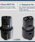 Image comparing J1772 adapters showing one not fitting and one tested to fit, highlighting compatibility for charging.