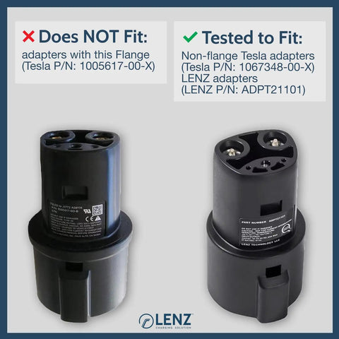 Image comparing J1772 adapters showing one not fitting and one tested to fit, highlighting compatibility for charging.