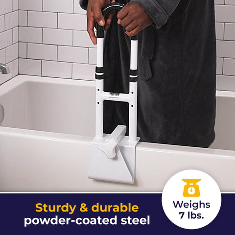 Adjustable Bathtub Grab Bar and Safety Rail With Easy Clamp-On Install, Heavy-Duty Powder-Coated Steel on bathtub