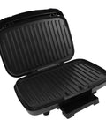 Heavy Duty Electric Panini Press And Grill With Dual Heating Non Stick Coating Smart Oil Filtering Tray Efficient Hamburger Maker For Juicy Burgers And Melty Sandwiches Perfect For Home Use Fast Cooking open view showing nonstick grilling surface.