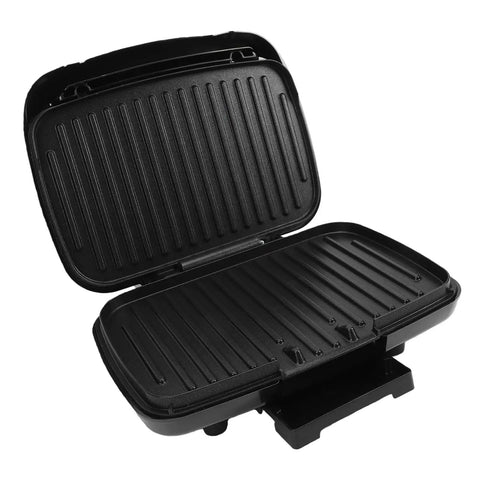 Heavy Duty Electric Panini Press And Grill With Dual Heating Non Stick Coating Smart Oil Filtering Tray Efficient Hamburger Maker For Juicy Burgers And Melty Sandwiches Perfect For Home Use Fast Cooking open view showing nonstick grilling surface.