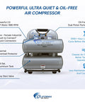Powerful Ultra Quiet Oil Free Air Compressor 2.0 Hp With 4.6 Gallon Tank features dual connectors and easy start valve.