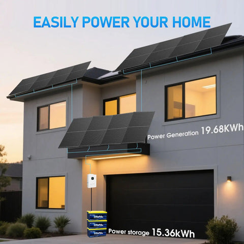 Complete 10 Kw Whole House Off Grid Solar Kit With 15 36 Kwh LifePo4 Battery And 4920 Watt Panels on modern house rooftop.