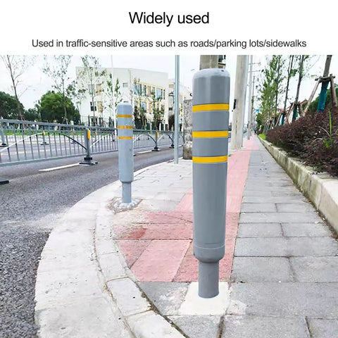 No Sweat Installation Heavy Duty Steel Safety Bollard Pour In Place Post With Vivid Reflective Strips installed along a sidewalk.